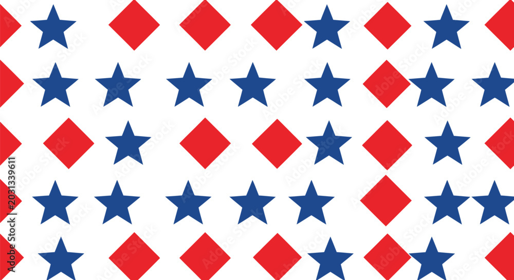 Fototapeta premium Patriotic theme seamless pattern with blue stars and red diamonds on white background