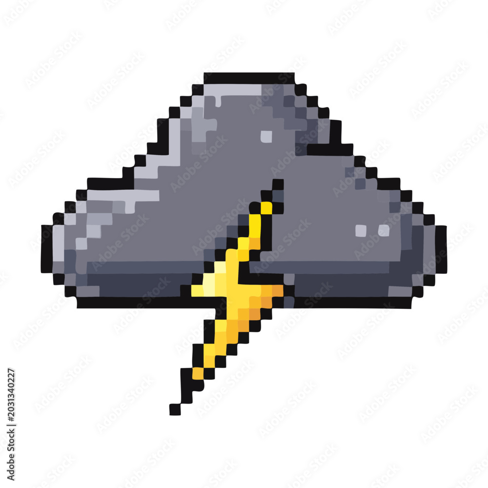 Fototapeta premium Grey storm cloud with yellow lightning bolt pixel art for weather forecast icons and dramatic atmosphere environmental design elements for mobile games