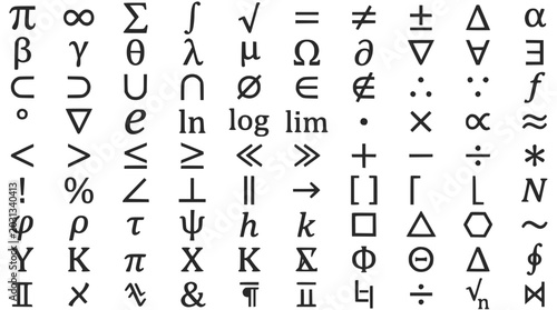 Collection of Mathematical Symbols and Greek Letters on White Background