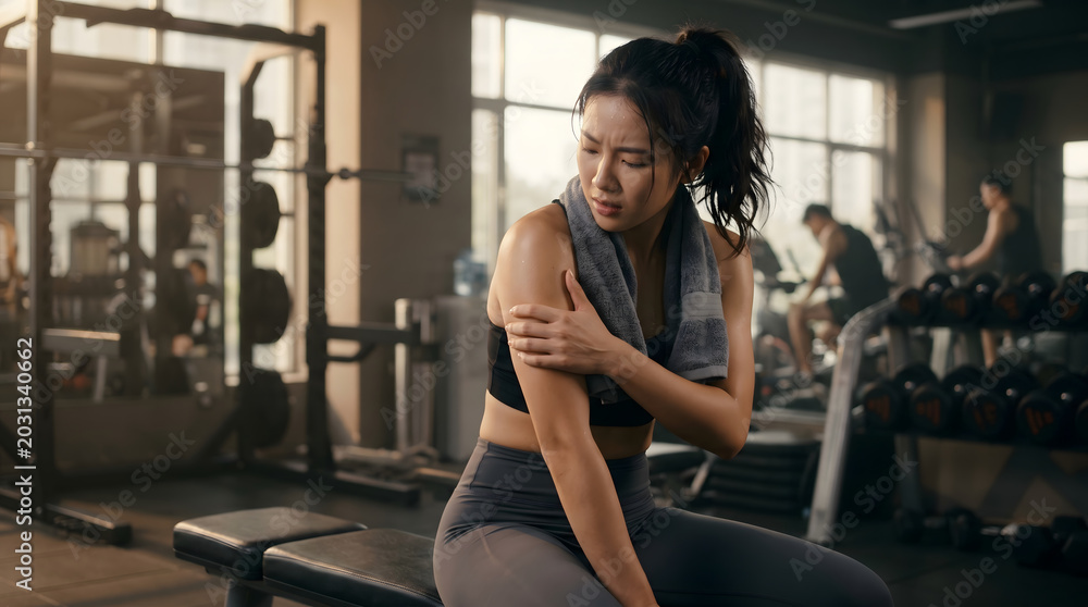 Fototapeta premium Woman with shoulder pain during gym workout