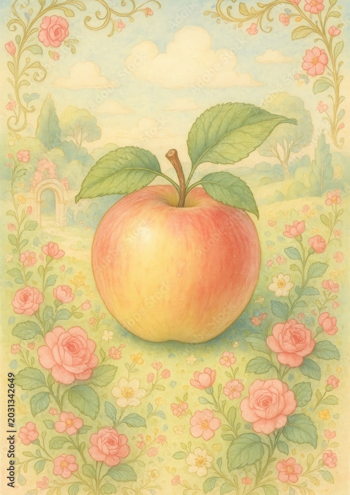 Fototapeta premium Whimsical apple garden wallpaper.