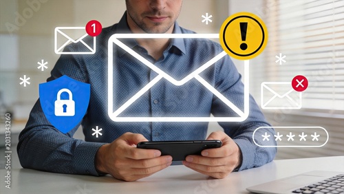 Email security and spam protection concept with warning alert icon and lock shield, user checking messages on smartphone, cybersecurity threat awareness and password safety for