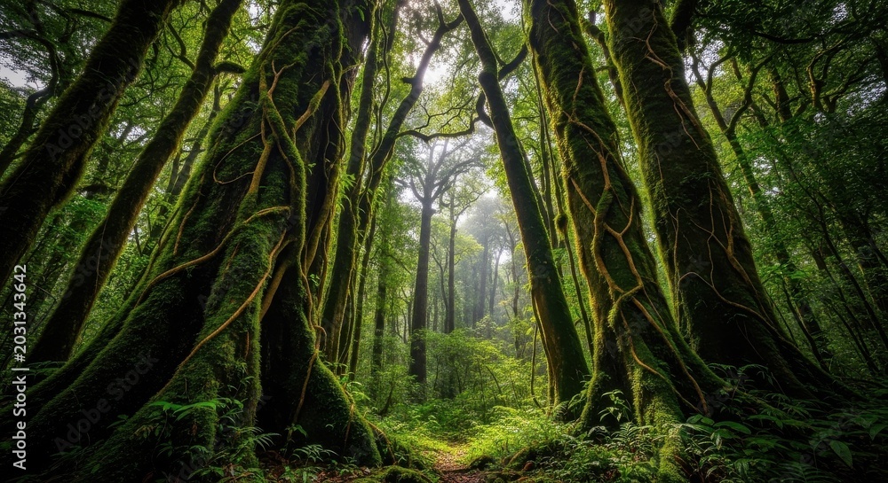 Fototapeta premium Dense Emerald Forest Path Illuminated by Soft Sunlight