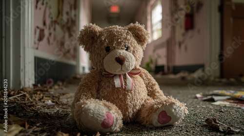 Abandoned teddy bear sitting on floor in dark empty hallway