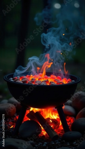 Empty hot BBQ grill, fiery embers, ready for food, close up, summer, heat