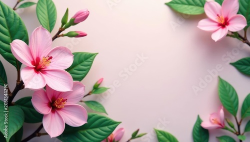 Delicate pink blossoms, lush green tropical leaves Minimalist background , pink flowers, soft, image
