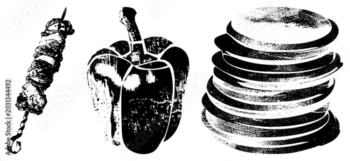 Rustic collection featuring a meat skewer or shish kebab, a bell pepper, and a stack of dinnerware. These gritty elements include a capsaicin veggie and piled up plates in a stencil style.