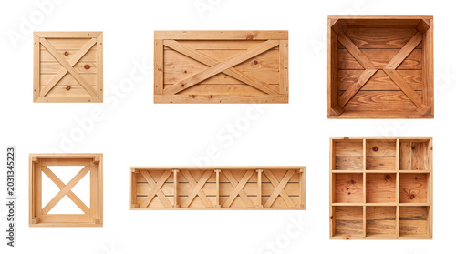 Photos Collection of wooden crates in various forms, including open boxes and compartment designs, for storage
