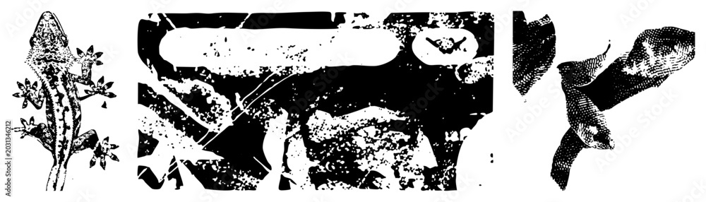 Obraz premium This gritty stencil gecko features rough textures and organic shapes. A wild lizard or small gecko crawler is depicted in a high contrast halftone style, perfect for edgy graphic projects.