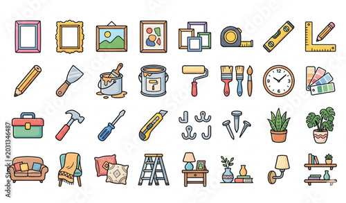 Home renovation and interior decoration icons set. Cute filled outline vector illustration of tools, paint, photo frames, and living room furniture.
