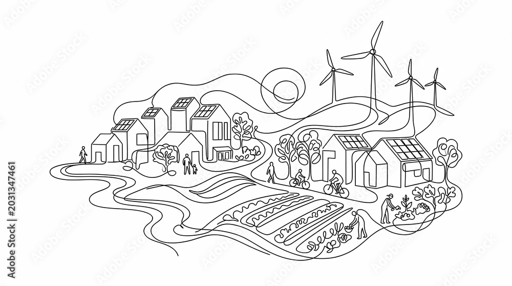 Fototapeta premium a sustainable eco-village with renewable energy sources like wind turbines and solar panels, showcasing a harmonious blend of modern homes, farming, and community life in a serene, green environment.