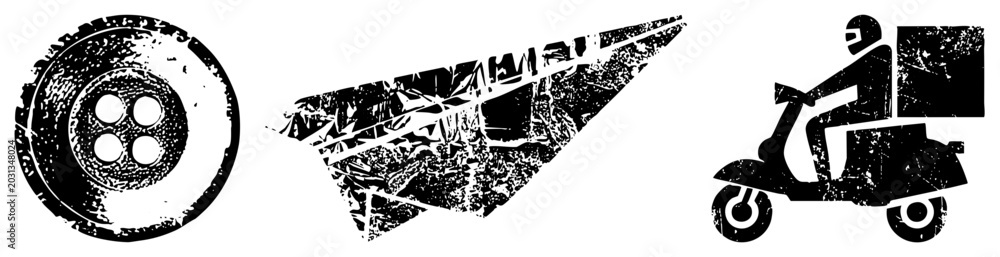Fototapeta premium This gritty collection features a vintage button, a folded paper glider, and a moped courier. These rough stencil elements include a classic fastener, a paper bird, and a motorized scoot.