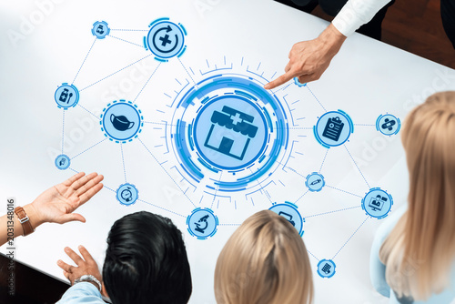 Tableau sur toile Online pharmacy icons showing medicine, healthcare, prescription and medical services with digital pharmacy, online drugstore, telemedicine and modern pharmaceutical solutions