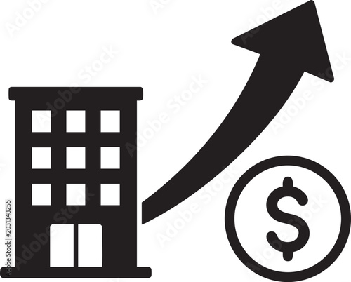 Real estate market growth vector icon with corporate building, rising arrow, and dollar coin