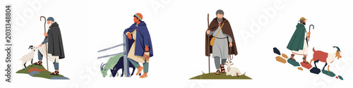 Schilderij op canvas Set of Four Flat Illustrations of Biblical or Historical Shepherds with Their Go