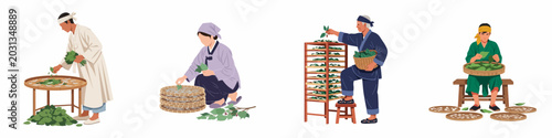 Foto Traditional Asian Sericulture Illustration Set Showing People Feeding Silkworms