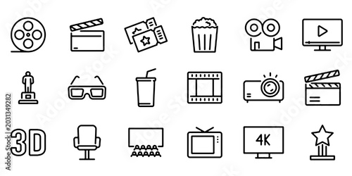 Εκτύπωση καμβά Cinema Line Icon Set, Movie Theater Entertainment Vector Transparent Background