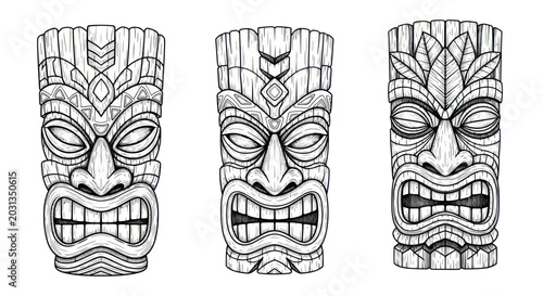 Photography Three Tiki Masks, Tribal Art, Polynesian Culture, Hand Drawn, Isolated