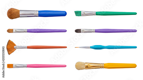 Fényképezés Colorful collection of various professional paint brushes for artists, featuring different sizes and shapes