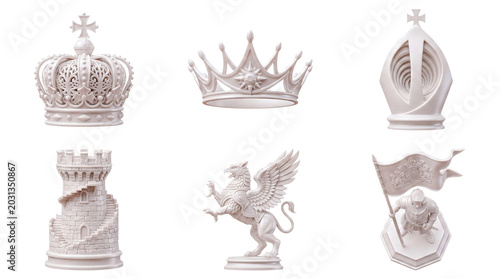 фотографія Collection of white 3D rendered fantasy and heraldic elements, including crowns, griffin, miter