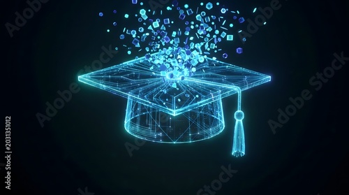 Glowing Blue Digital Graduation Cap Made of Light Particles