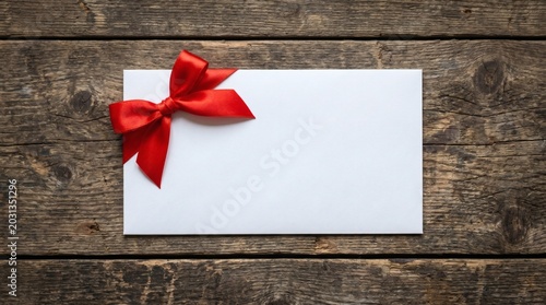 Blank White Card with Red Ribbon on Rustic Wooden Surface.