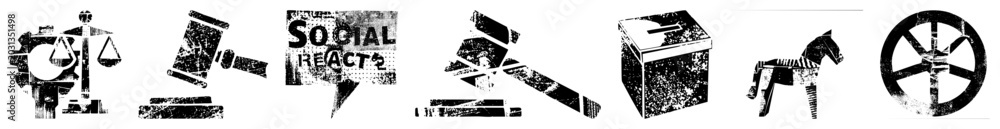 Obraz premium Gritty stencil graphics including a justice scale, legal gavel, social speech bubble, and wooden hobby horse. These rough cut silhouettes feature heavy halftone texture and worn edges.
