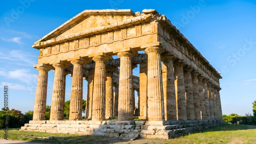 Foto Ancient Greek temple ruins with doric columns under blue sky