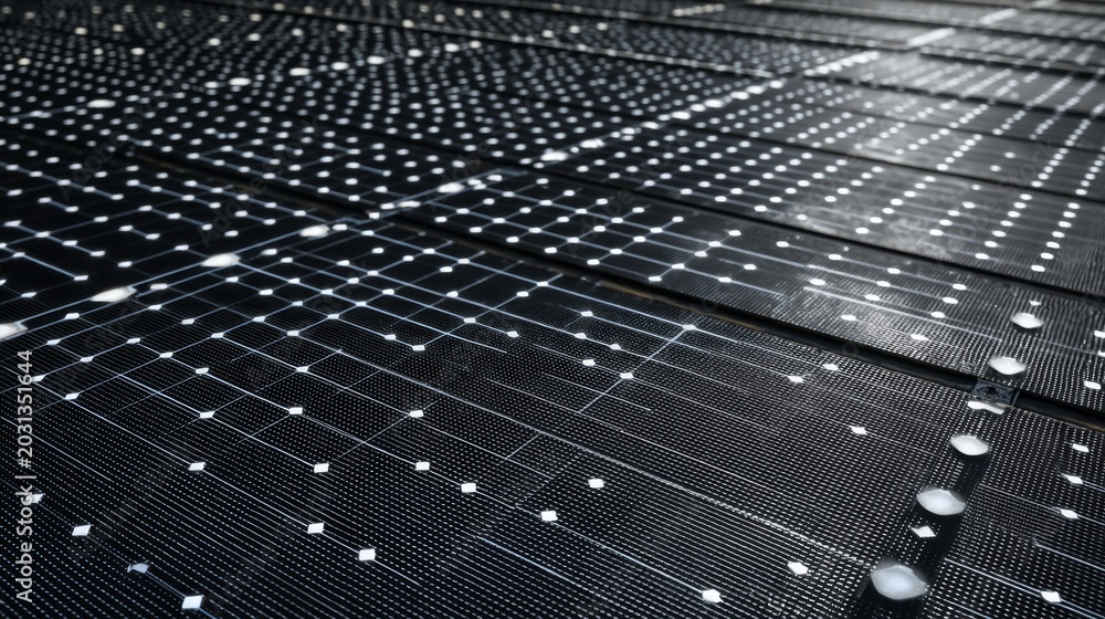 Fototapeta premium Detailed Close-Up of Black Solar Panel Surface with Water Drops, Featuring Solar Cells and Grid Pattern under Natural Light Conditions