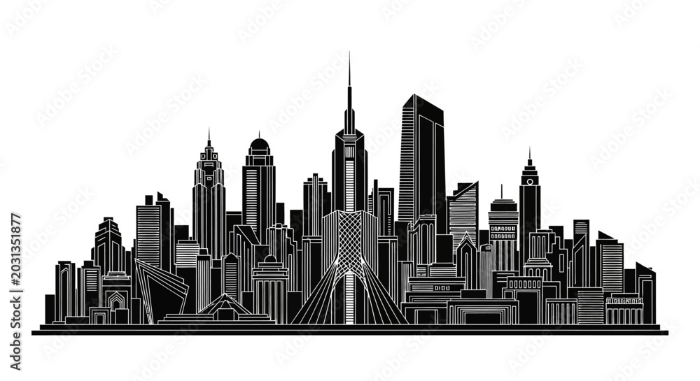 Obraz premium Tehran Skyline Silhouette with Azadi Tower, Modern Urban Cityscape