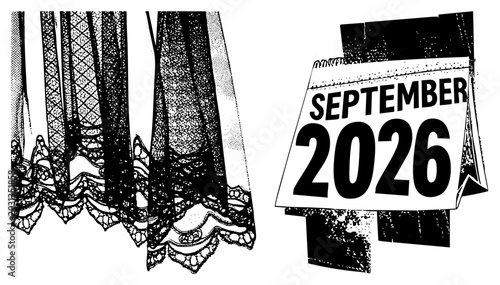 Intricate lace drapery and delicate window voile paired with a distressed September 2026 calendar. This gritty stencil piece features textile and a dated page for planning.