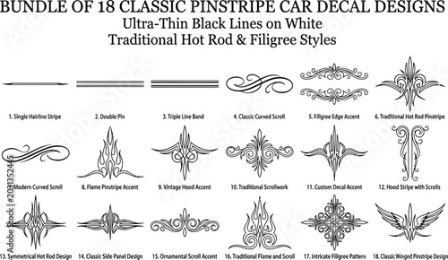 Obraz na plátně Bundle of 18 classic pinstripe car decal designs featuring ultra thin black line