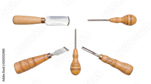Fotografie Collection of five antique wood carving tools and chisels, presented from multiple angles