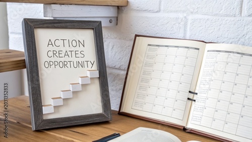 Framed Success Message With Rising Paper Steps and Open Planner