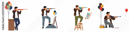 Tableau sur toile Flat vector illustration set of a man practicing target shooting with rifles at a carnival or shooting gallery featuring balloons and targets