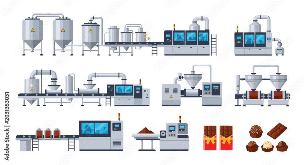 Fototapeta premium Comprehensive collection of industrial machinery for a chocolate factory along with finished chocolate bars and truffles.