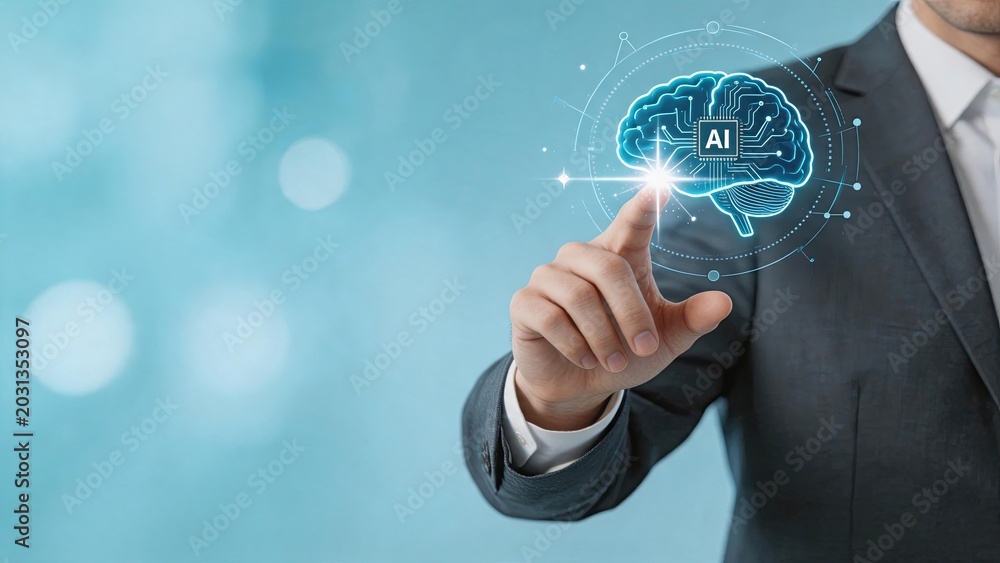 Fototapeta premium Businessman touching futuristic artificial intelligence brain hologram, digital transformation and machine learning concept for corporate technology innovation.