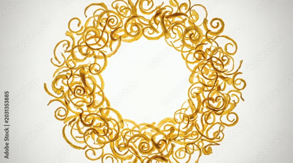 Obraz premium Elegant Golden Swirls Forming a Decorative Circular Wreath on White Background.