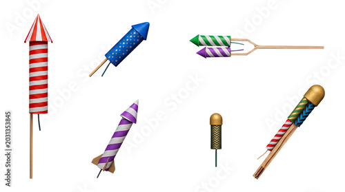 Variety of six vibrant rocket fireworks with distinct designs for festive celebrations and events.