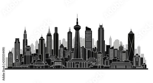 Modern city skyline silhouette with skyscrapers, urban architecture