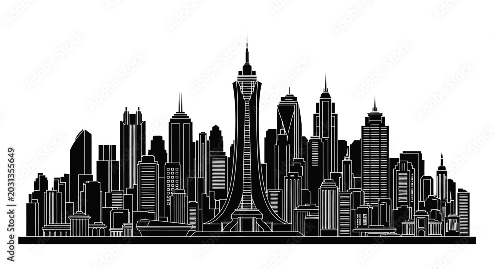 Fototapeta premium Modern City Skyline Silhouette with Central Skyscraper