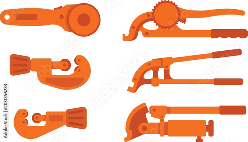 Schilderij op canvas Set of orange plumbing tools including pipe cutters and benders in a flat vector