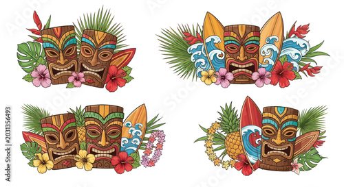 Konstfotografi Tiki Masks, Surfboards, Tropical Flowers and Leaves, Hawaiian Island Icons