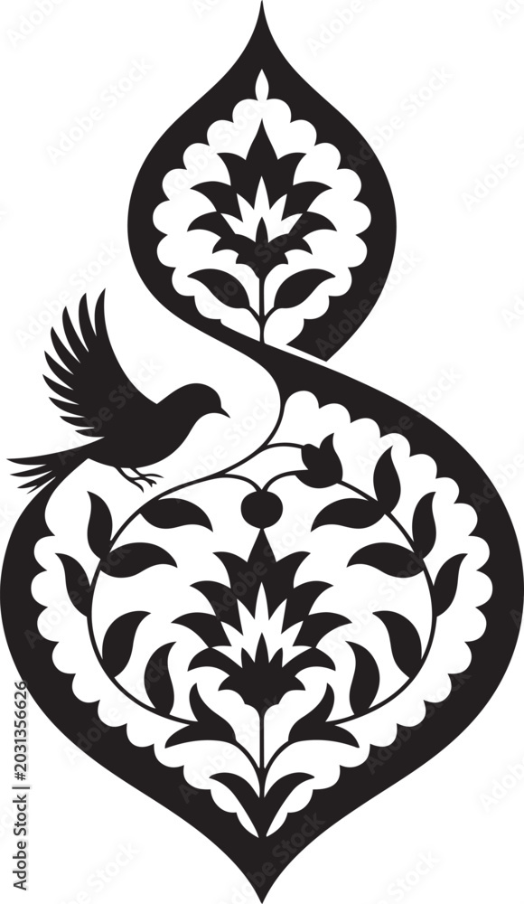Obraz premium Floral pattern with a bird motif in ornamental damask style.