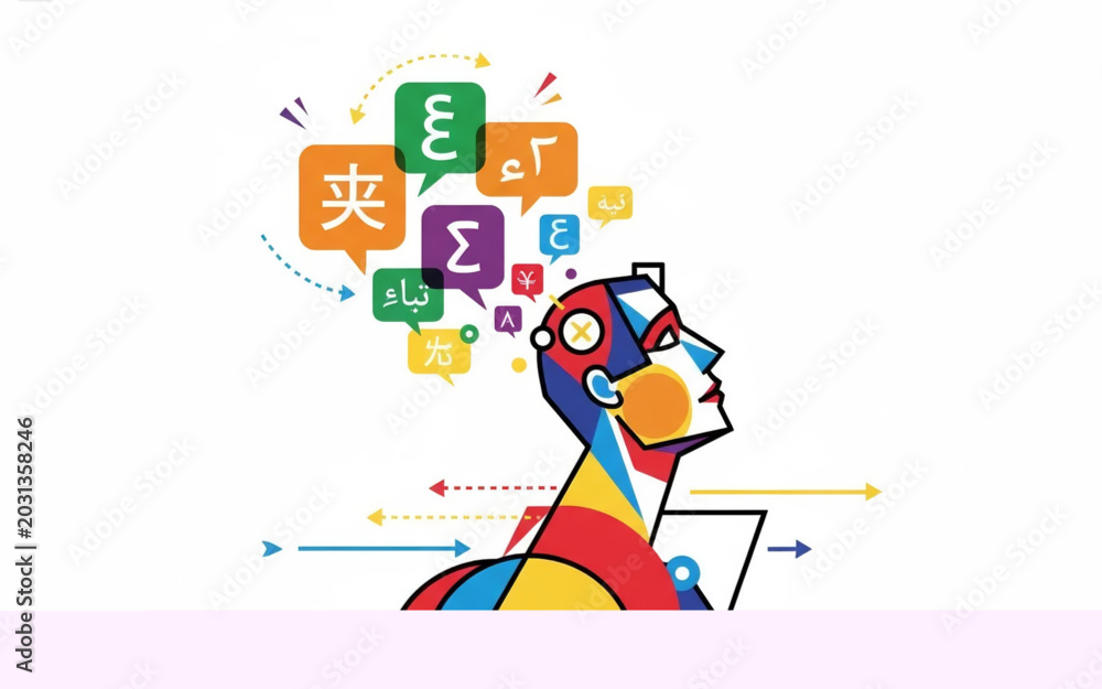Obraz premium Artificial Intelligence Translating Languages and Understanding Communication Through a Futuristic Humanoid Head with Various Languages Floating Above