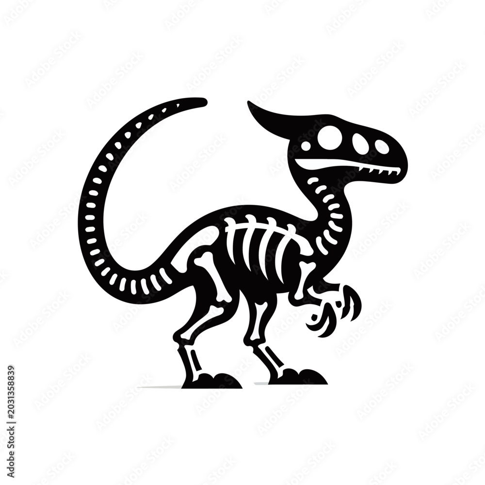 Fototapeta premium A stylized black and white illustration of a dinosaur skeleton with large eyes and a curved tail.