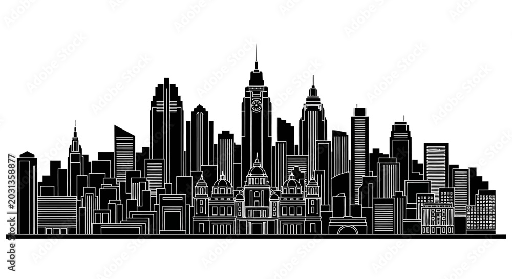 Obraz premium Black and white skyline silhouette of a modern metropolis city