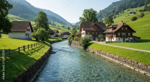 Village nestled in a valley, with houses, river and green hills under sun