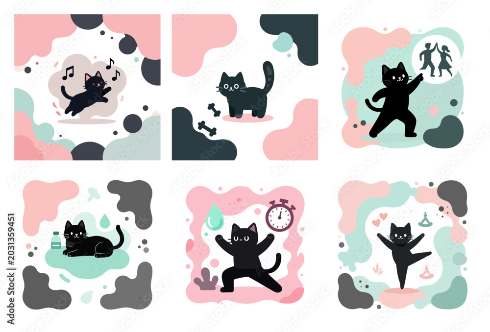 Obraz premium Vibrant abstract cardio and dance fitness illustration Cute cat guide to movement, rhythm, and energy flow in amoeba blob art style