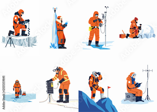 Billede på lærred Set of Arctic and Antarctic Scientists and Explorers Conducting Research and Fie